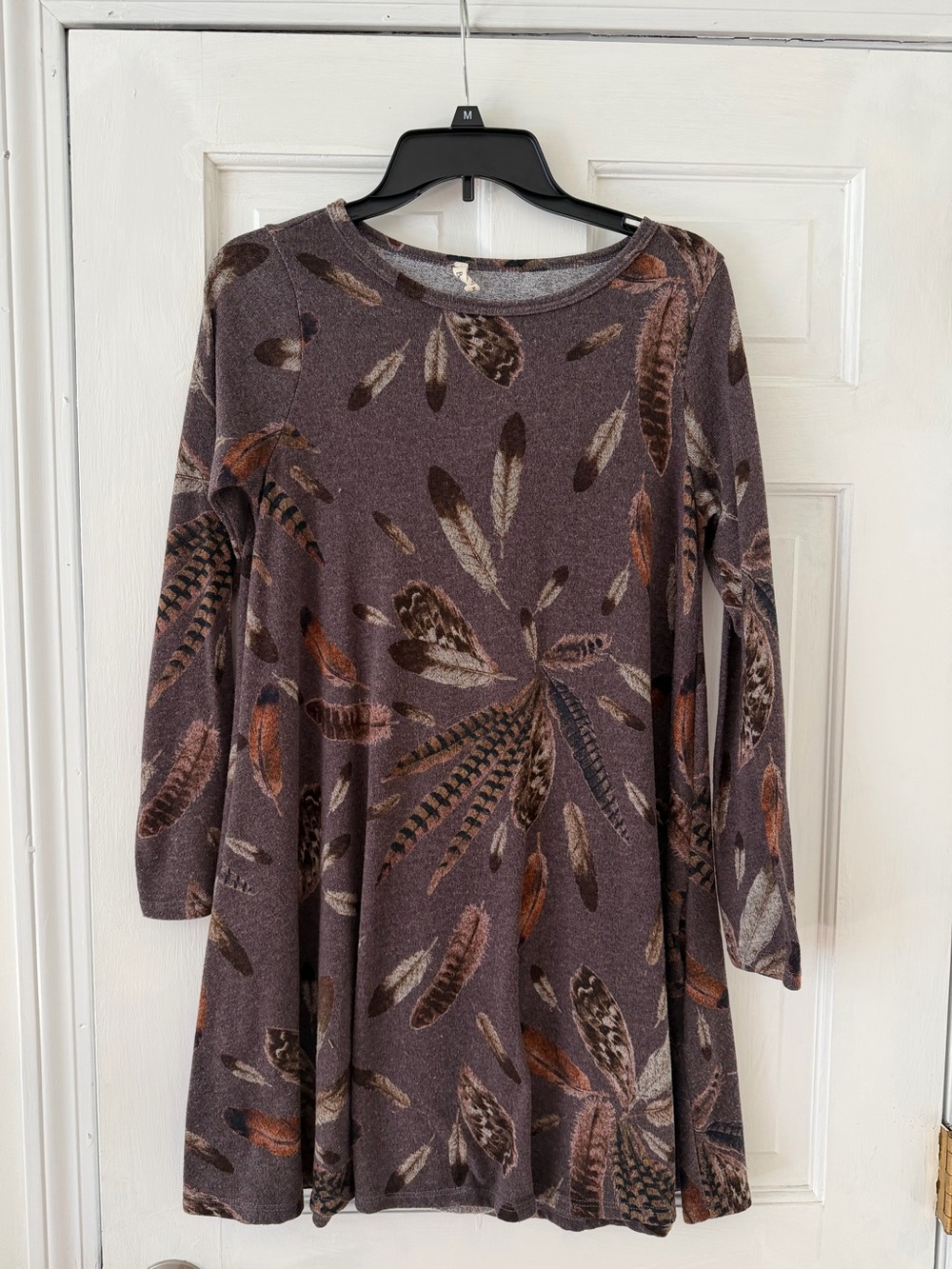 Beeson River Feather-Print Long-Sleeve Swing Dress - Brown & Rust